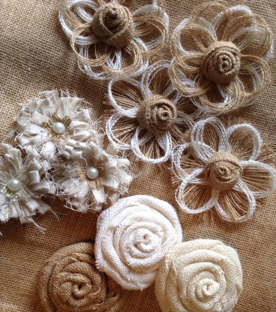Burlap flower assortment set of 10 shabby chic rustic ...