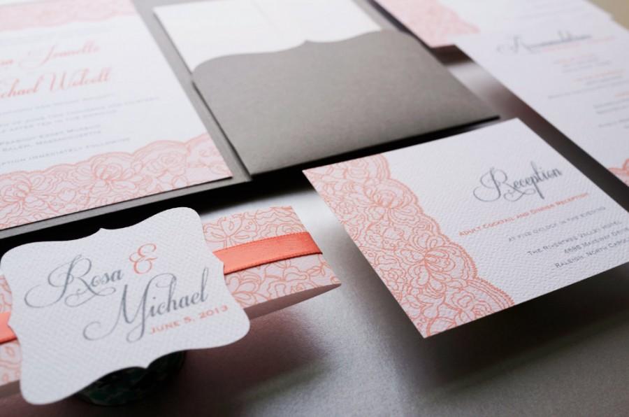 Mariage - Coral and Grey Wedding Invitation, Lace Wedding Invitation, Elegant Lace Invitation - Sample