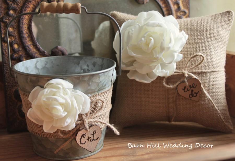 Hochzeit - Flower Girl Basket Bucket Ring Bearer Pillow Set Wedding Rustic Wedding Burlap Shabby Chic Basket and Pillow Set