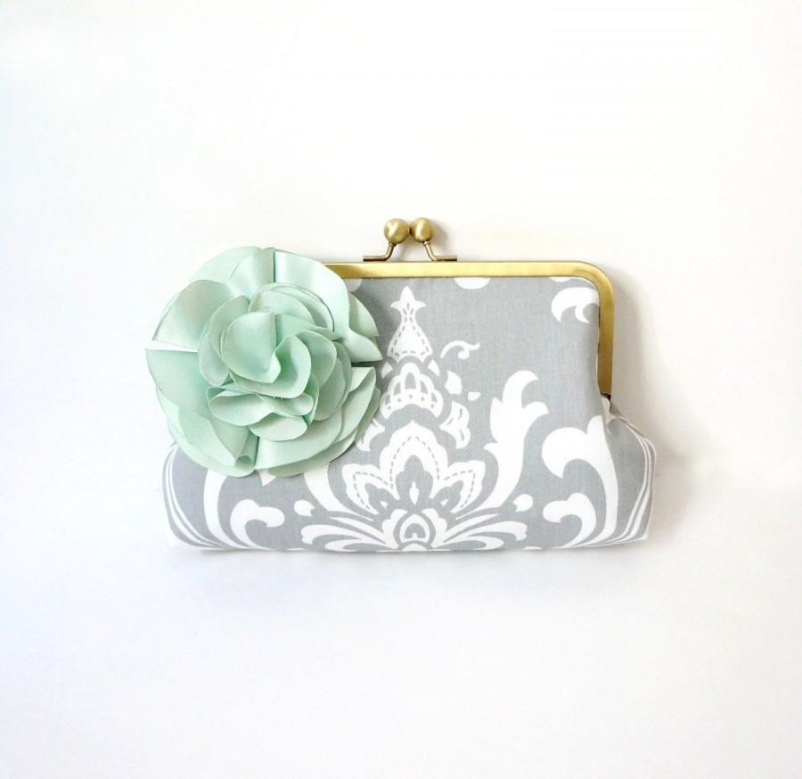 Wedding - Gray Damask Clutch Purse with Mint Green Flower Adornment