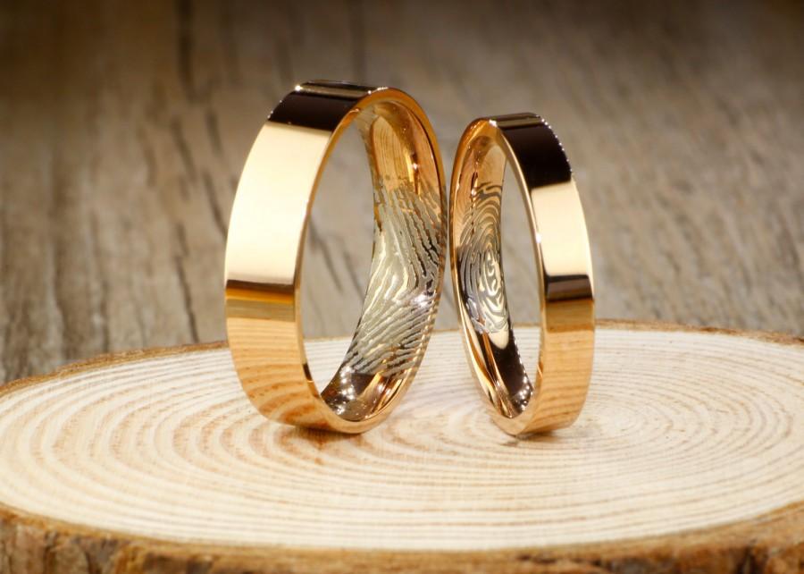 Hochzeit - Print Thumb Print Rings Personalize Rose Gold Flat Matching Wedding Bands, Couple Rings Set, Titanium Rings Set, Anniversary Rings Set