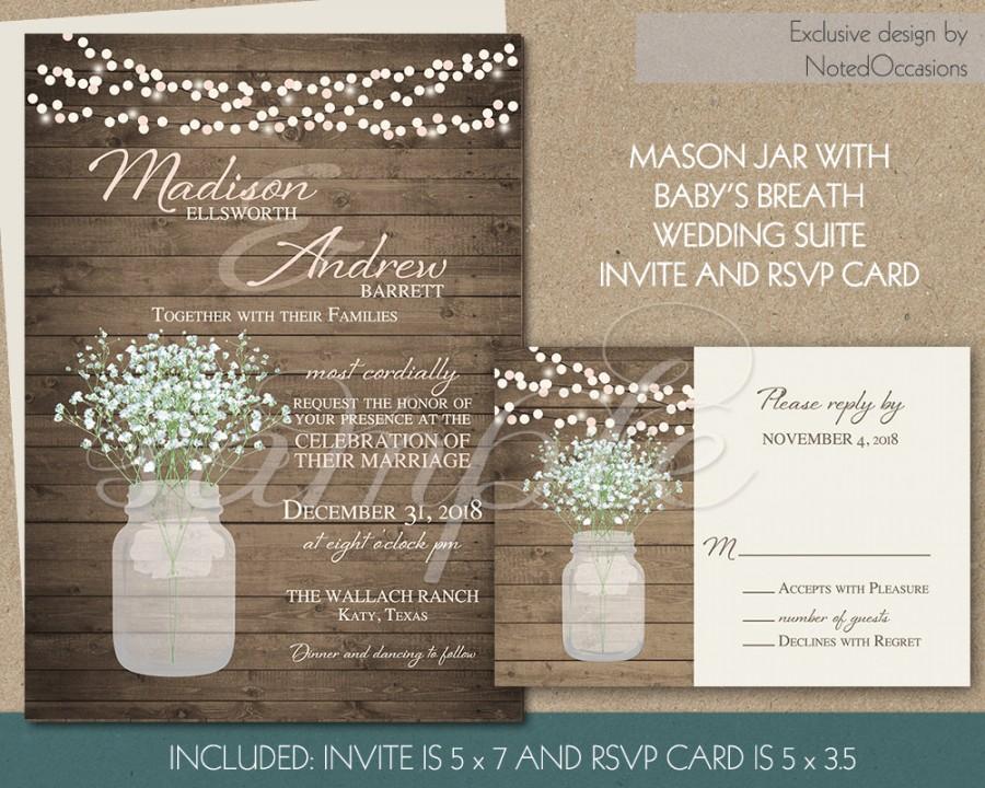 Свадьба - Rustic Wedding Invitation Printable Mason Jar and Baby's Breath Wedding Invites 