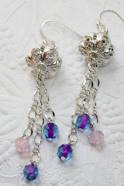 Mariage - Bridesmaids Chandelier Earrings, Beautiful Aqua and Pink, Swarovski Opaque Pink Crystals, High Fashion, Finely Detailed Chandeliers