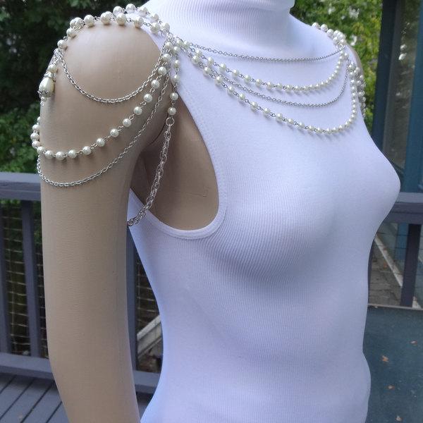 Hochzeit - Multi Strand White or Ivory Pearl and Silver Chain Bridal Wedding Shoulder Necklace