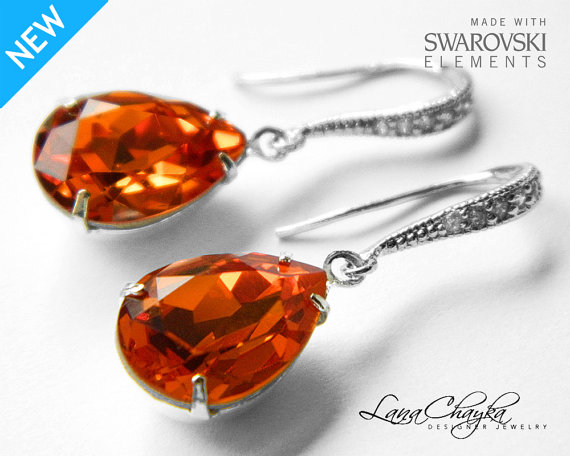 Wedding - Tangerine Orange Crystal Earrings Wedding Teardrop Earrings Swarovski Tangerine Rhinestone Silver Dangle Earrings Bridesmaids Jewelry