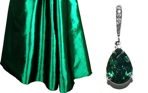 Mariage - Emerald Crystal Earrings Emerald Green Rhinestone Earrings Swarovski Emerald Teardrop Silver CZ Bridesmaid Earrings Wedding Bridal Jewelry