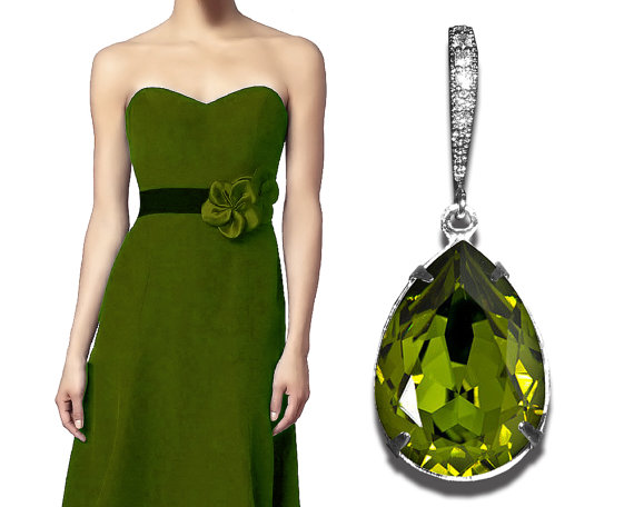 Hochzeit - Olivine Green Earrings Olivine Crystal Earrings Swarovski Rhinestone Silver CZ Olivine Green Wedding Earrings Green Bridesmaid' Gift Earring