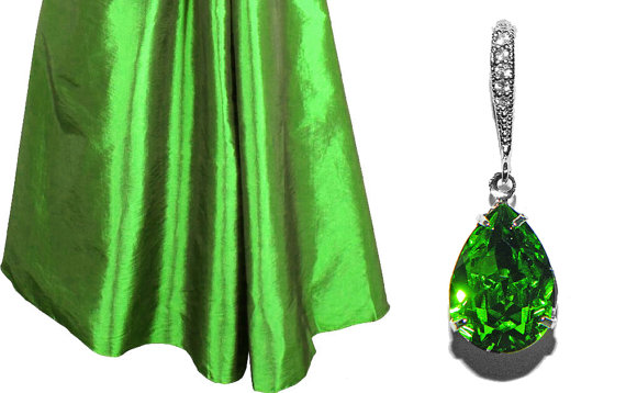Hochzeit - Fern Green Crystal Earrings Bridesmaid Green Rhinestone Earrings Swarovski Green Teardrop Earrings Silver CZ Fern Green Jewelry Wedding Gift