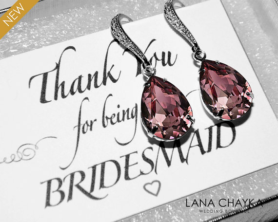 Hochzeit - Antique Pink Crystal Earrings Purple Dark Pink Rhinestone Earrings Swarovski Teardrop Pink Silver Earrings Bridesmaids Wedding Pink Jewelry