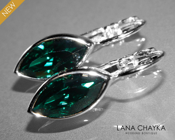 Hochzeit - Emerald Green Crystal Earrings Swarovski Emerald Navette Earrings Emerald Lever Back Vintage Style Earrings Wedding Bridesmaid Green Jewelry
