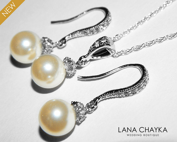 Hochzeit - Ivory Pearl Bridal Necklace&Earrings Set Swarovski 8mm Ivory Small Pearl Sterling Silver Cz Set Drop Pearl Wedding Pearl Jewelry Set Bride