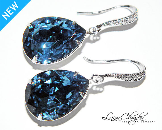 Hochzeit - Denim Blue Crystal Earrings Sterling Silver CZ Navy Blue Earrings Swarovski Rhinestone Earrings Dark Blue Wedding Earrings FREE US Shipping