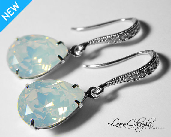 Wedding - White Opal Crystal Earrings Opal Rhinestone Earrings Swarovski White Opal Silver Teardrop Earrings Wedding Opal Earrings FREE US Shipping