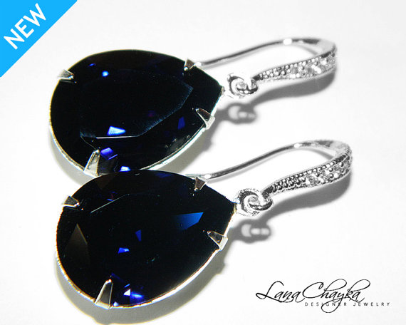 Mariage - Dark Indigo Blue Crystal Earrings Swarovski Dark Indigo Earrings Wedding Sterling Silver Cz Dark Blue Rhinestone Earrings FREE US Shipping