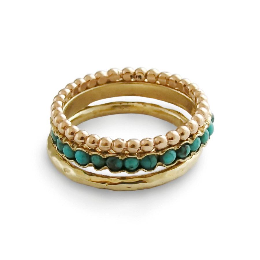 Mariage - 14K Yellow gold turquise Stacking ring Set of 3 infinity rings, Round Turquoise band, Engagement Wedding band, blue gemstone Handmade ring