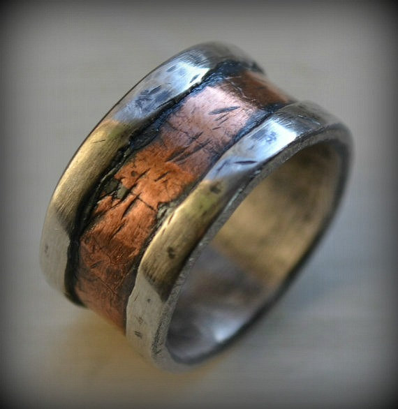 Wedding - mens wedding band - rustic fine silver and 14K rose gold - handmade hammered artisan designed wide band ring - manly ring - customized