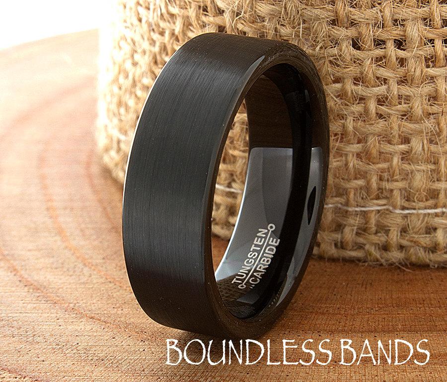 Hochzeit - Black Tungsten Wedding Band Ring Pipe Cut Brushed Tungsten Wedding Band Black Wedding Band Mens Engraving Anniversary Brushed Mens 7mm New