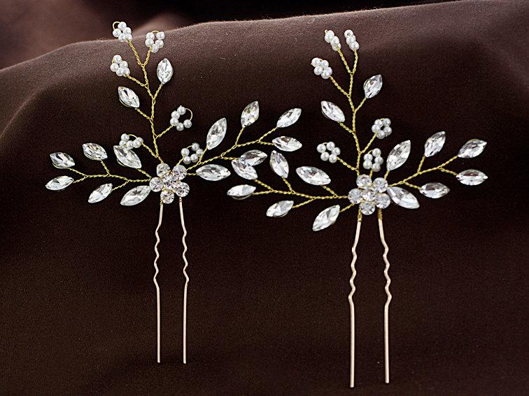 زفاف - Floral hair pin,  Art deco wedding headpiece, Bridal pearl hair comb. Wedding hair clip, Crystal hair pin, Pearl hair pin, Gold hair pin