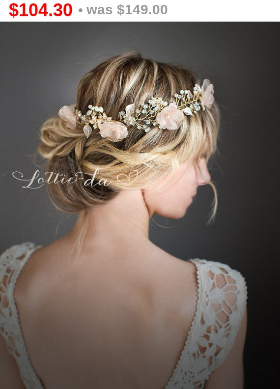Hochzeit - 30% OFF Boho Gold Flower Crown Halo, Gold Wedding Flower Hair Vine Hair Wreath, Boho Wedding Headpiece - 'VALENTINA 21 inch'