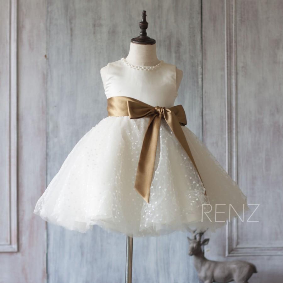 Hochzeit - 2015 Off-White Junior Bridesmaid dress, Ivory Beading neck Flower Girl Dress, ,a line Dot Mesh Puffy dress, Gold Belt knee length (GK145)