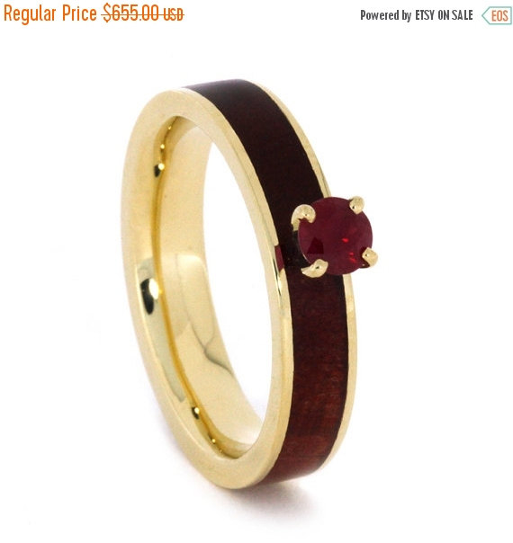 Свадьба - Wedding Sale Ruby Engagement Ring with Ruby Redwood Wood Inlay, Custom 10k Yellow Gold Engagement Ring
