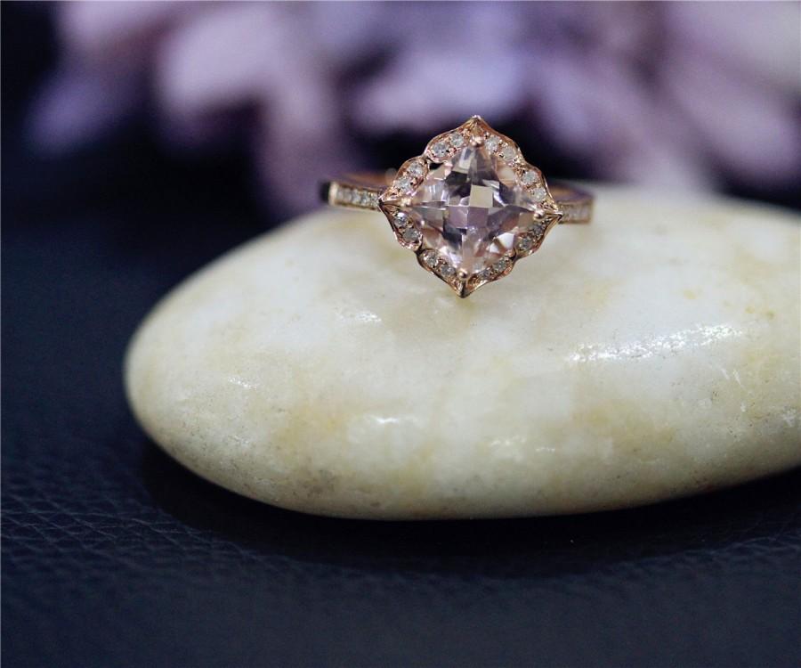 Wedding - Vintage Style Engagement Ring 7mm Cushion Cut Natural VS Morganite Ring Solid 14K Rose Gold Ring Wedding Ring Promise Ring Anniversary Ring