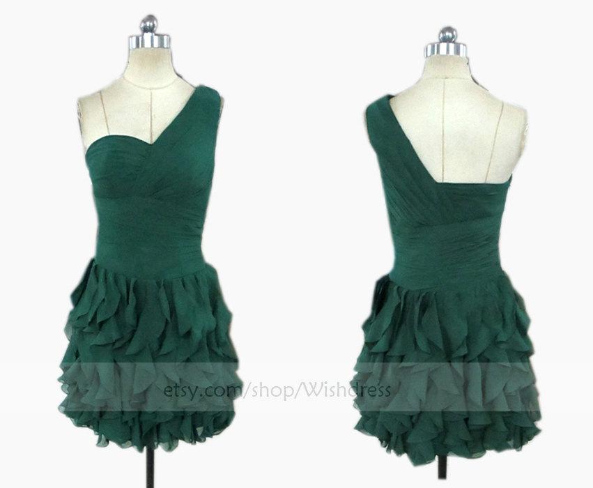 Hochzeit - One-shoulder Dark Green Homecoming Dress/ Cocktail Dress /Hunter Bridesmaid Dress/ Short Homecoming Dress/ Short Prom Dress/ Formal Dress