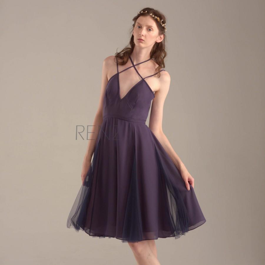 زفاف - 2015 Purple Bridesmaid dress, Violet Wedding dress, Deep V neck Short Prom dress, Criss Cross Spaghetti Strap Formal dress knee length(S126)