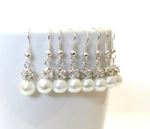 Wedding - 6 Pairs White Pearls Earrings, Set of 6 Bridesmaid Earrings, Pearl Drop Earrings, Swarovski Pearl Earrings, Pearls in Sterling Silver, 8 mm