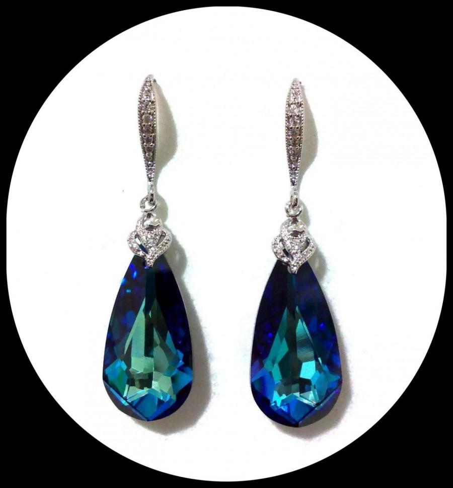 زفاف - Something Blue Teal Bridal Earrings, Peacock Wedding, Swarovski Crystal Teardrop Dangle Earrings, ARIA