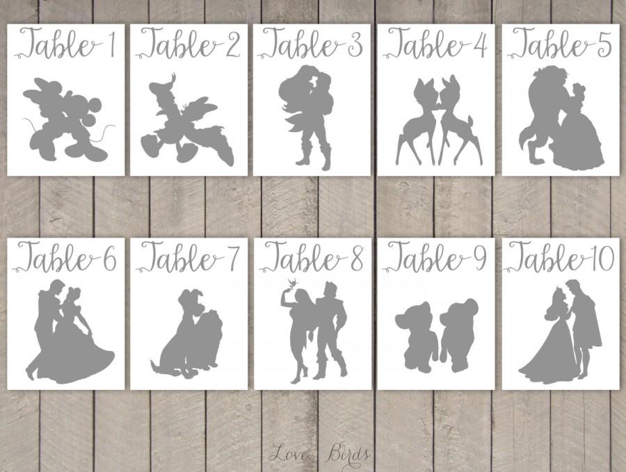 زفاف - Disney Couple Cards Silhouette Calligraphy (tabel numbers cards wedding) - set of 36 - Digital file