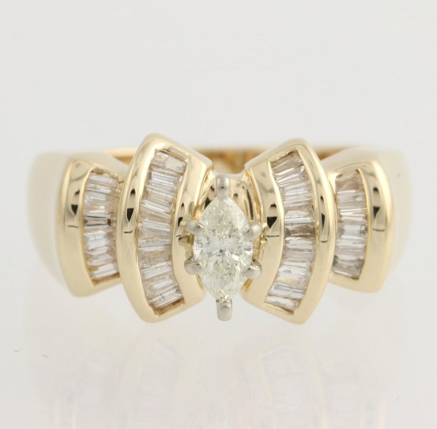 Свадьба - Engagement Ring Marquise Diamond 14k Yellow Gold Baguette Accents Natural .55ctw Unique Engagement Ring F9702