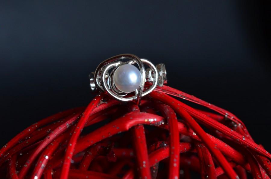زفاف - Freshwater pearl ring in 925 silver with freshwater pearl. Measuring 14.5 (USA Size 7) interweaving bubbles handmade made in Italy