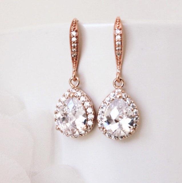 زفاف - Rose Gold Bridal Earrings Wedding Jewelry Crystal Bridal Earrings Drop Earrings Bridesmaid Gift Bridal Jewelry Rose Gold Earrings