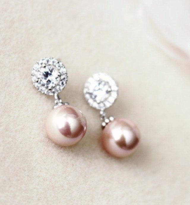 Mariage - Blush Pink Earrings Wedding Jewelry Rose Pink Pearl Bridal Earrings Rose Gold Bridal Earrings round cubic zirconia post bridesmaid gift