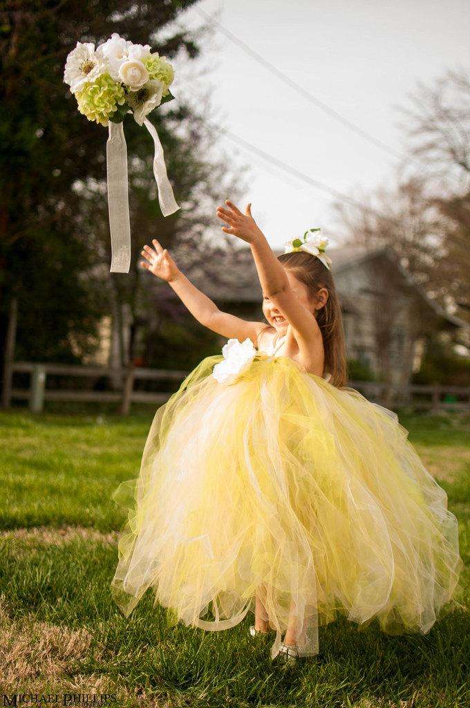 Mariage - Citrus Yellow, Ivory, and Lime Green Tulle Tutu Flower Girl Dress for Weddings, Pageants, up to 5/6T