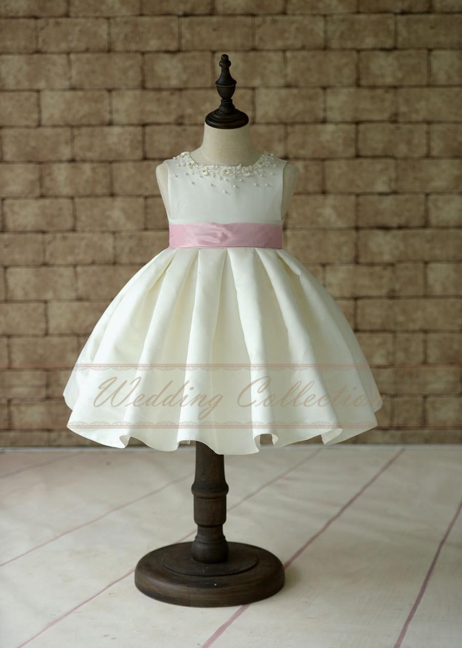 Hochzeit - Ivory Satin Flower Girl Dress With Pearls Neckline and Pink Waistband