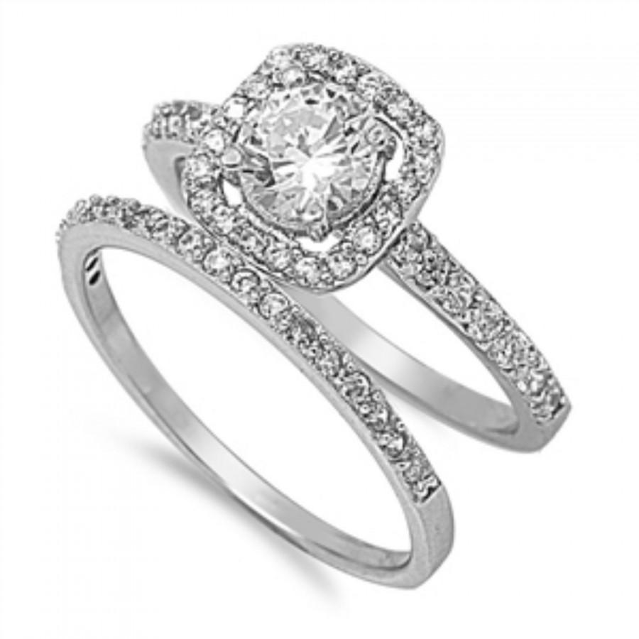 زفاف - Classic Vintage Wedding Engagement Ring 1.18CT Round Russian Brilliant Cut CZ Halo Two Piece Ring Band Bridal Set Solid 925 Sterling Silver