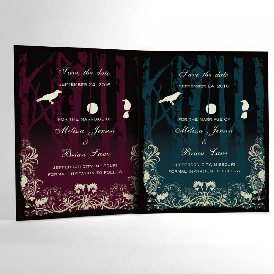 Hochzeit - Halloween Wedding Save the Date Cards, Elegant Gothic Wedding, Goth White Crows with Birch Trees and Full Moon. Custom Chosen Color Accent