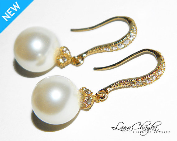 Mariage - Ivory Drop Pearl Bridal Earrings Vermeil Gold Cz Pearl Earrings Swarovski 10mm Pearl Earrings Wedding Bridal Pearl Jewelry Bridal Earrings