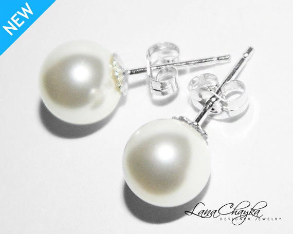 Mariage - White Pearl Wedding Earrings 925 Sterling Silver White Pearl Studs Bridal White Pearl Earrings Swarovski Pearl Earrings Bridal Pearl Jewelry