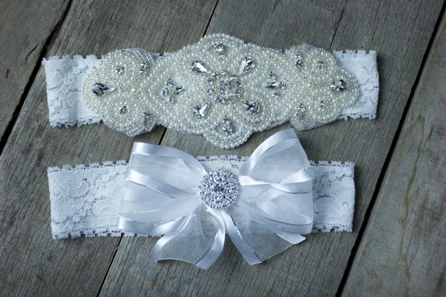 Wedding - Pearl Garter Set  Rhinestone Wedding Garter Set  Bridal Garter Set  Custom Fit