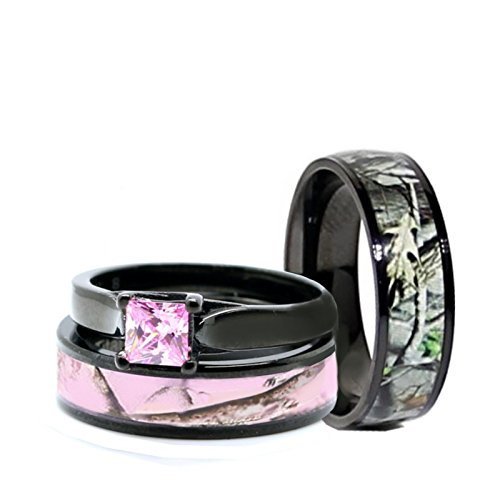 Hochzeit - His and Hers Pink Women & Men Black Titanium Camo and Sterling Silver Princess Engagement Wedding Rings Set