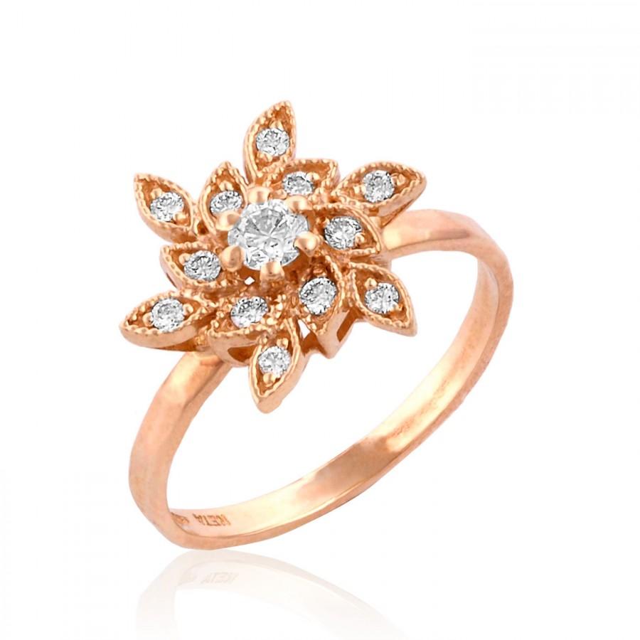 Mariage - Rose Gold Engagement Ring, Victorian Style Ring, Floral Diamond Ring, Victorian Wedding, Rose Gold Wedding Ring, April Birthstone Ring