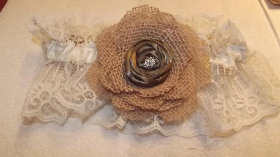 Hochzeit - Wedding Garter Ivory Lace Burlap and Brown Ribbon Flower Country Redneck Hunting  Rustic Wedding Accessory