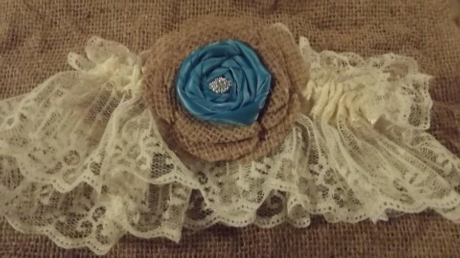 Свадьба - Wedding Garter Lace Burlap Flower and Something Blue flower Wedding accessory