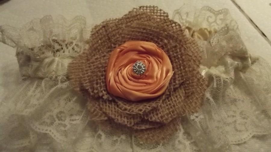 Hochzeit - Country rustic wedding garter ivory lace with burlap flower and peach/orange flower accessory