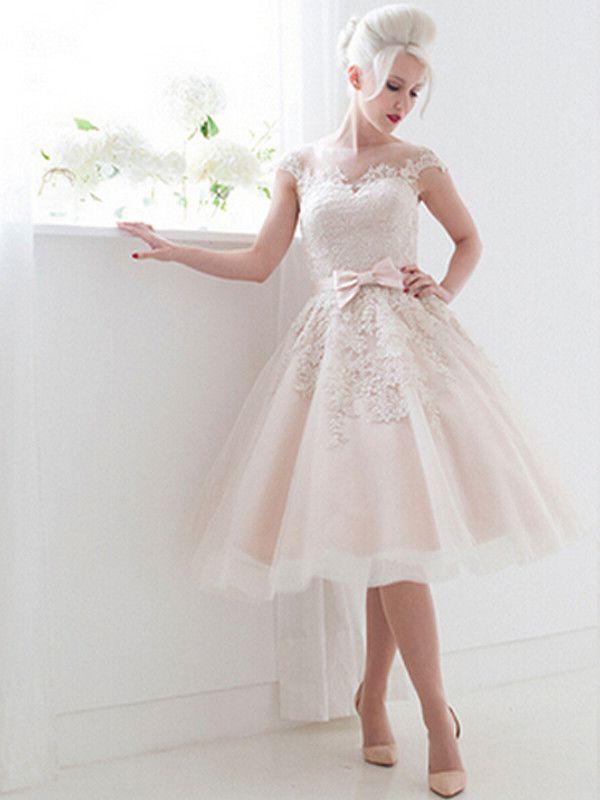 Wedding - Elegant Bateau Cap Sleeve Appliques Knee Length Wedding Gown