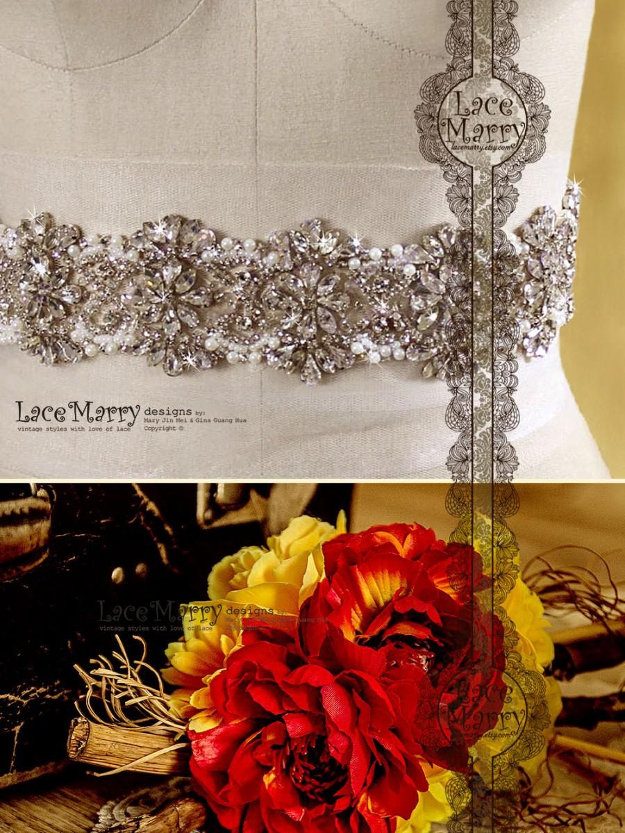 Hochzeit - Waterlily Luxurious Handmade Rhinestone and Imitation Pearl Beaded Floral Pattern Belt on the Ribbon - Vintage Inspired Bridal Beadwork Sash