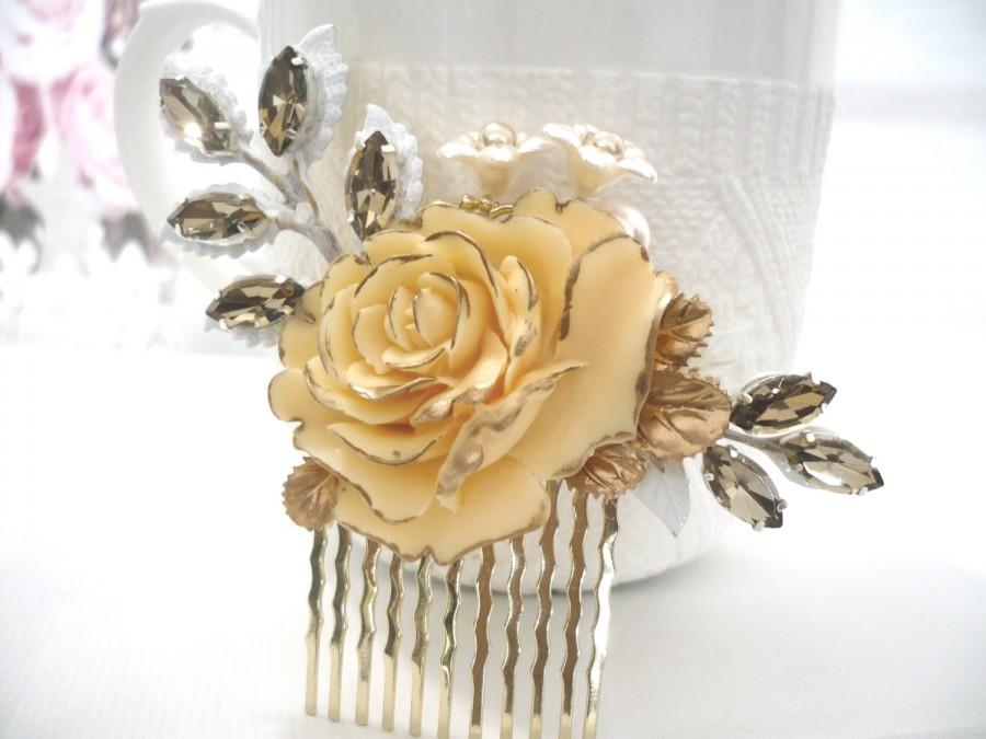 Mariage - Champagne gold tipped rose comb Ivory Gold comb Crystal gold silver hair accessory, Bridal comb, Bridesmaids gifts, Country wedding comb TR4